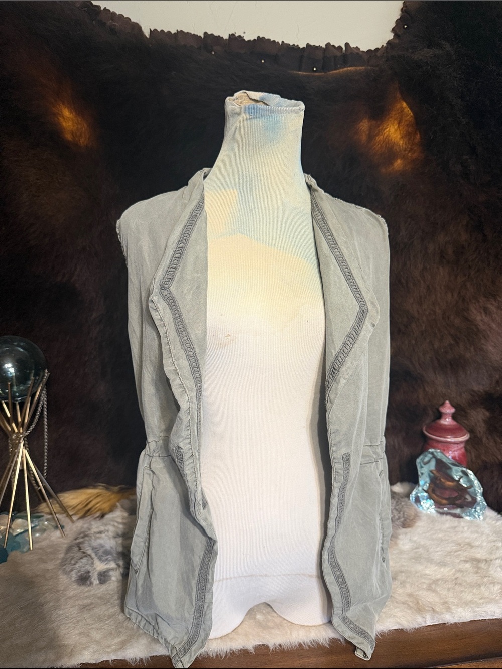 Max Jeans Sleeveless Open-Front Vest - Gray/olive S (5235)